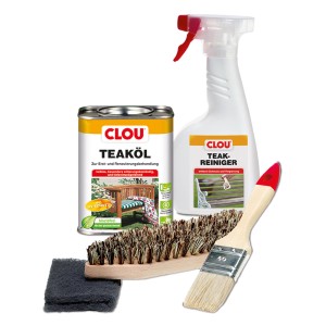 Clou Teakholz Pflege-Set mit Reiniger, Öl, Bürste, Pinsel und Schleifvlies für Gartenmöbel.