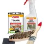 Clou Teakholz Pflege-Set mit Reiniger, Öl, Bürste, Pinsel und Schleifvlies für Gartenmöbel.