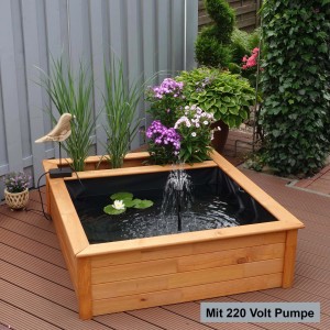 Promadino Hochteich mit Pumpe und Bepflanzung, quadratisch, aus Holz. Gartenteich mit Springbrunnen.