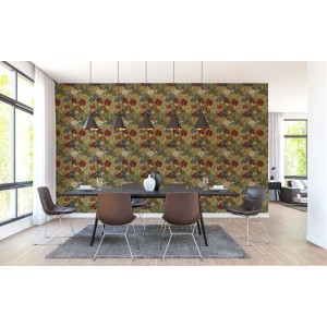 Tadessi Vliestapete Floral M1-No.1458 mit botanischem Muster in Rot, Grün und Gold an einer Esszimmerwand.