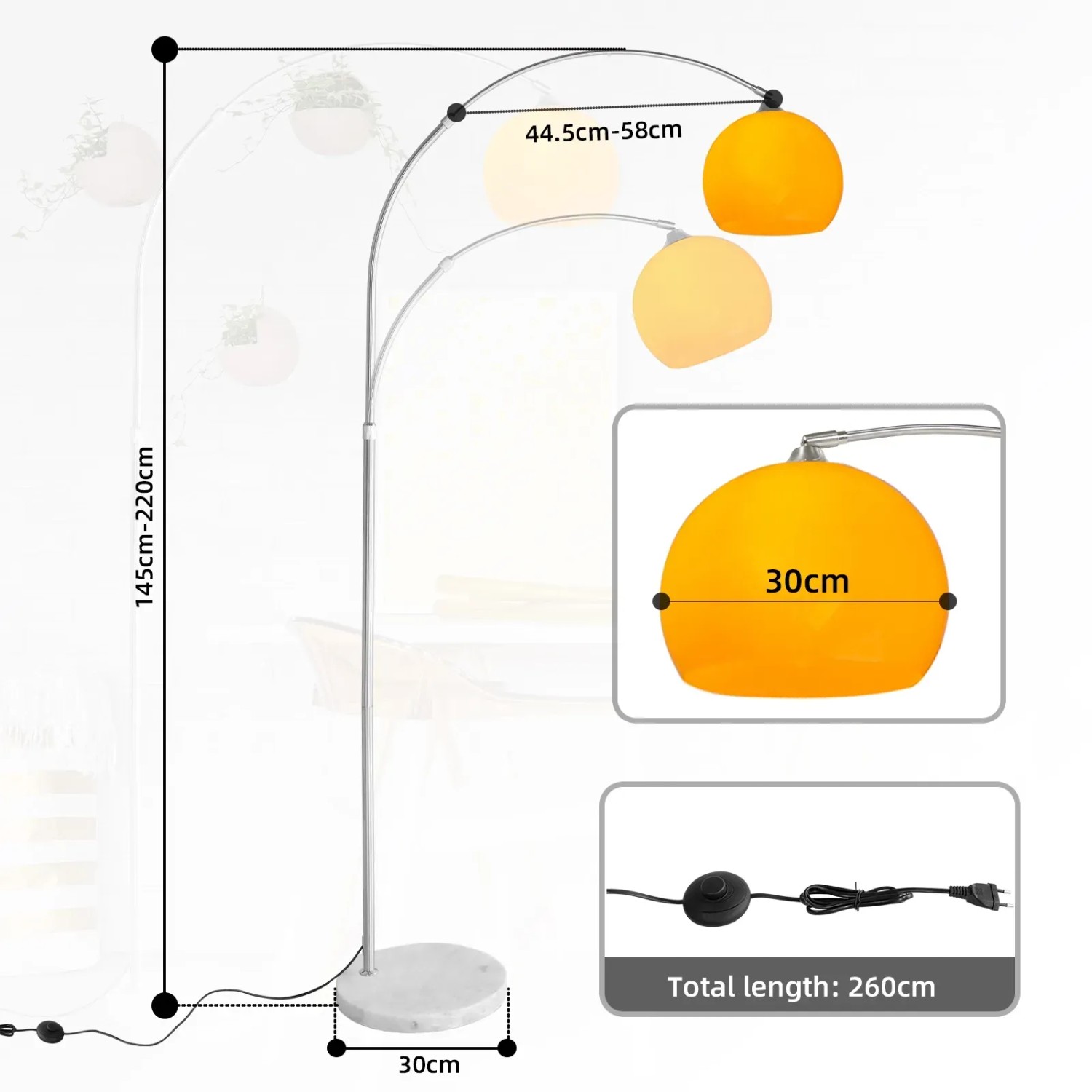 Orangefarbene Bogenlampe, höhenverstellbar (145-220cm), mit Marmorfuß. Ideal als Stehleuchte.