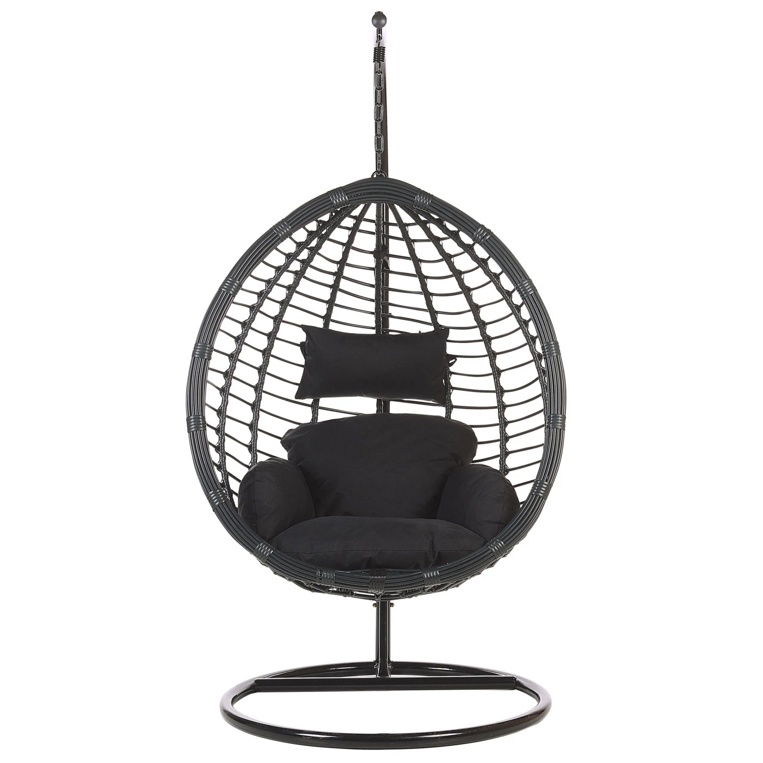 Schwarzer Beliani Hängesessel (97x106x199) mit Rattan-Optik und Kissen.
