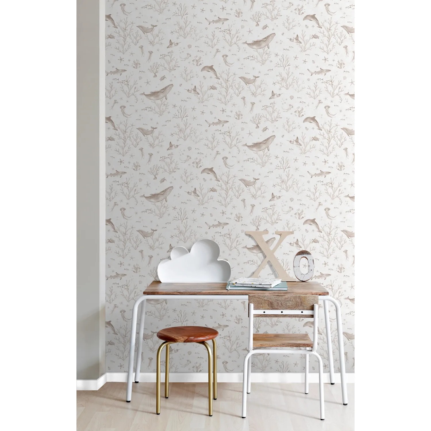 ESTAhome Vliestapete Unterwasserwelt Beige mit Walen, Delfinen und Korallen für Kinderzimmer, 50x900 cm.