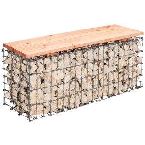 Gabionen-Gartenbank (100x46x30cm) mit Holzauflage, gefüllt mit hellen Steinen.