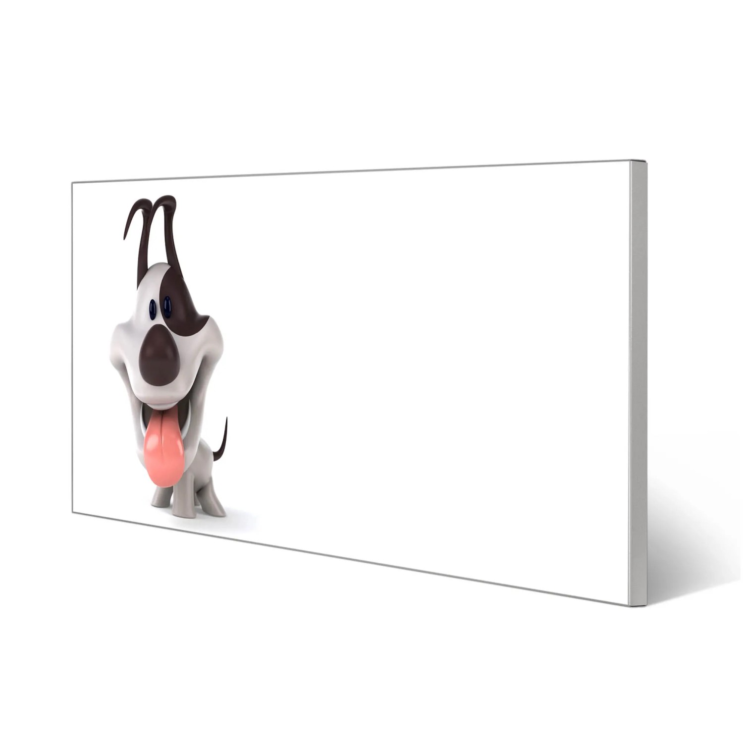 Silberne Magnettafel 78x37cm mit Comic-Hund Motiv als Wanddekoration.