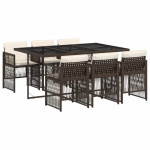 7-teilige Garten-Essgruppe aus braunem Rattan mit Tisch, 6 Stühlen und cremefarbenen Kissen.