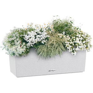 Lechuza Balconera Stone 50 Quarzweiß, bepflanzter Blumenkasten mit Bewässerungssystem.
