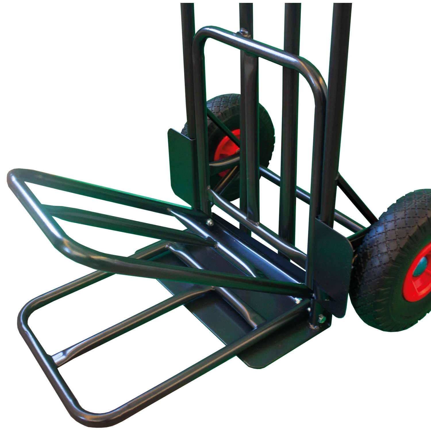 Schwarze Pro-Bau-Tec Sackkarre mit PU-Rad und erweiterbarer Ladefläche.