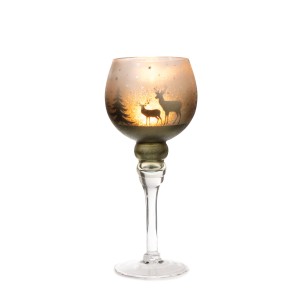 Weihnachtliches Windlicht aus Glas mit Fuß, 30 cm hoch, grün-silber mit Hirschmotiv.