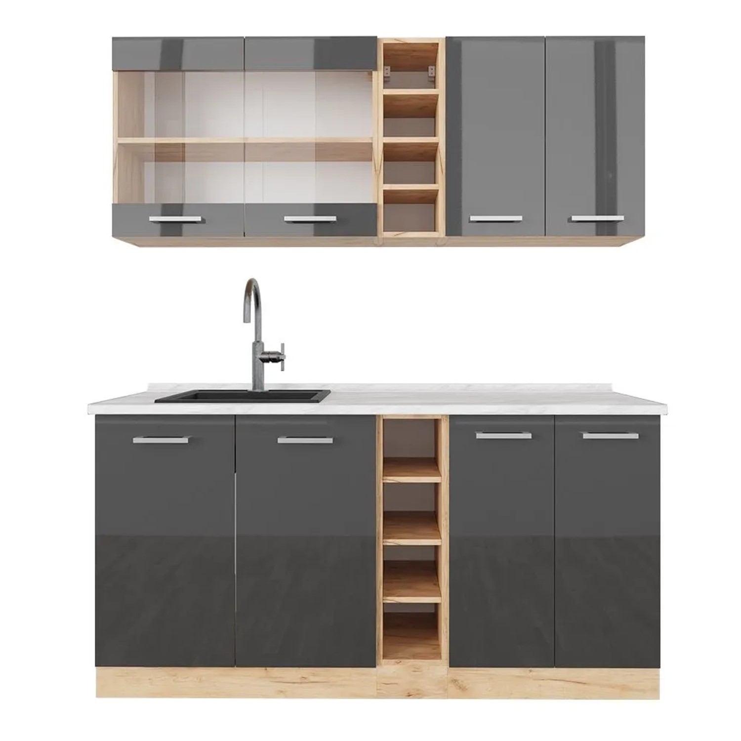 Vicco R-Line Singleküche Anthrazit Hochglanz Goldkraft Eiche 160 cm AP Marmor ohne E-Geräte