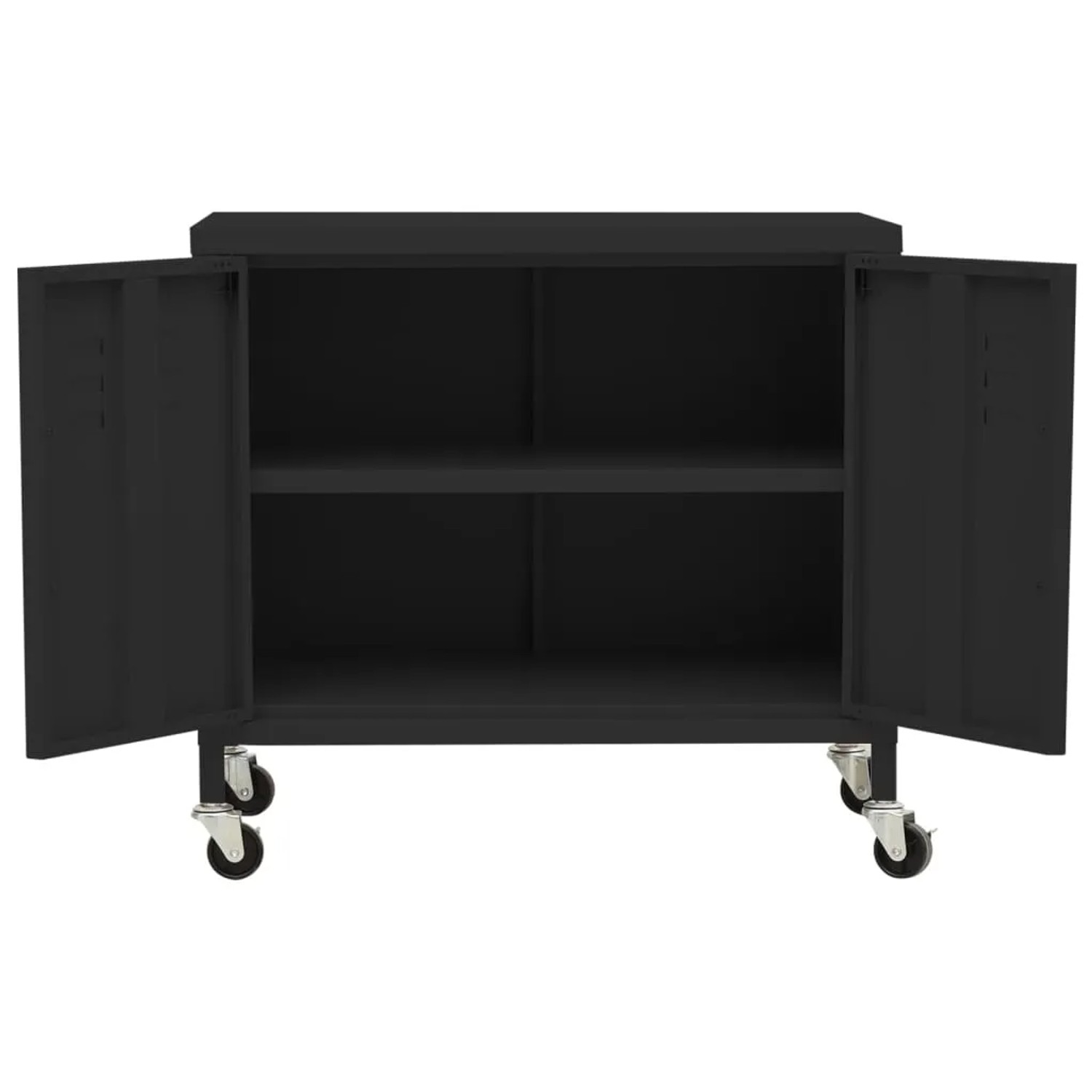 Schwarzer vidaXL Lagerschrank aus Stahl, 60x35x56 cm, mit offenen Türen und Rollen.