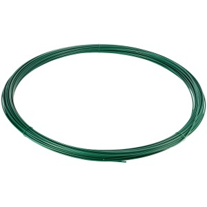 Grüner Spanndraht PVC, 3,8 mm stark und 55 m lang, aufgerollt.