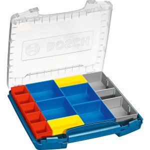 Offener Bosch i-Boxx 53 Werkzeugkoffer mit farbigen Einsätzen für Kleinteile.