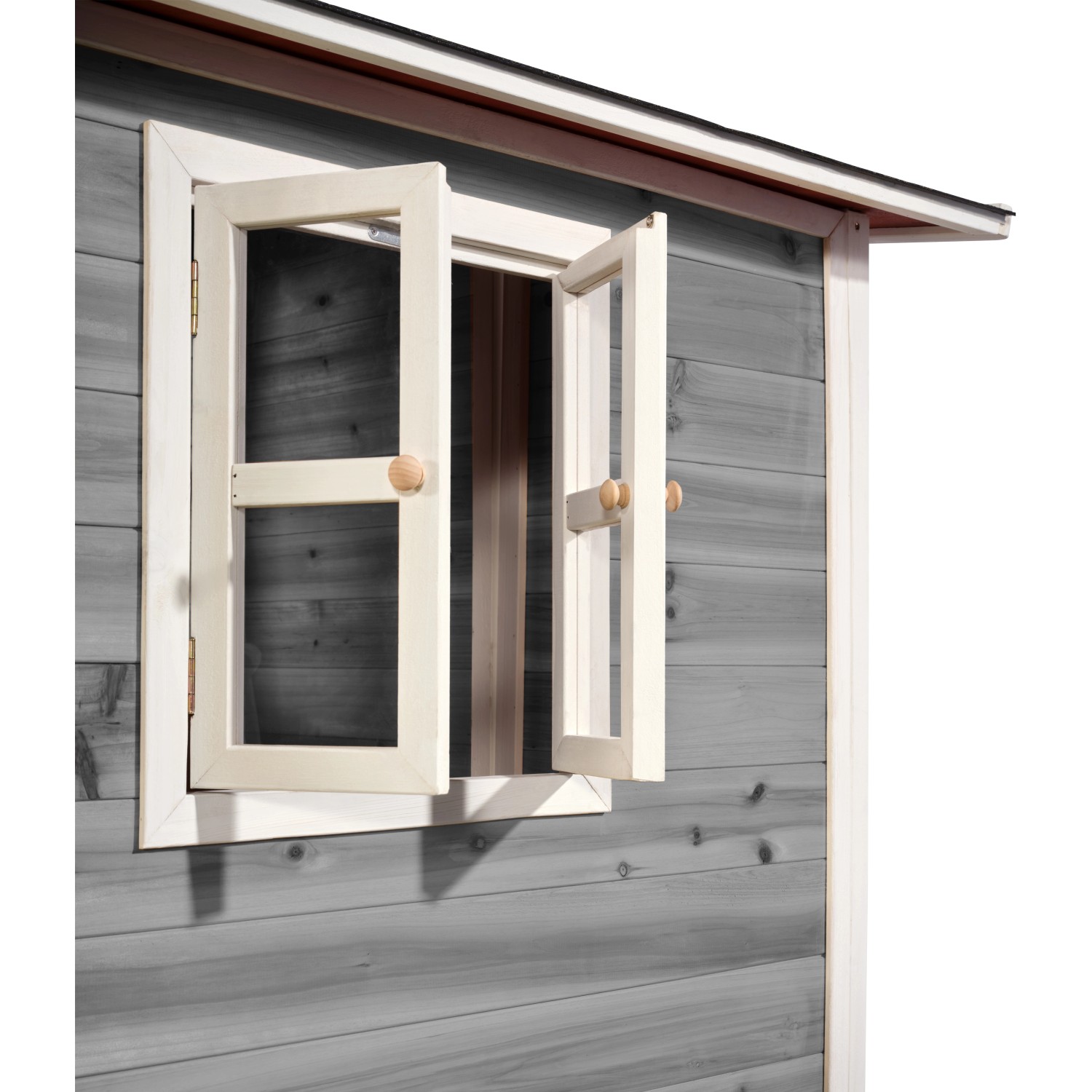 Detailansicht: Graues EXIT Loft 350 Holzspielhaus mit geöffnetem Fenster.