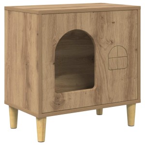 vidaXL Katzenhaus aus Holzwerkstoff in Eiche-Optik, mit gewölbtem Eingang, Fenster und Holzbeinen. 51x30x52 cm.