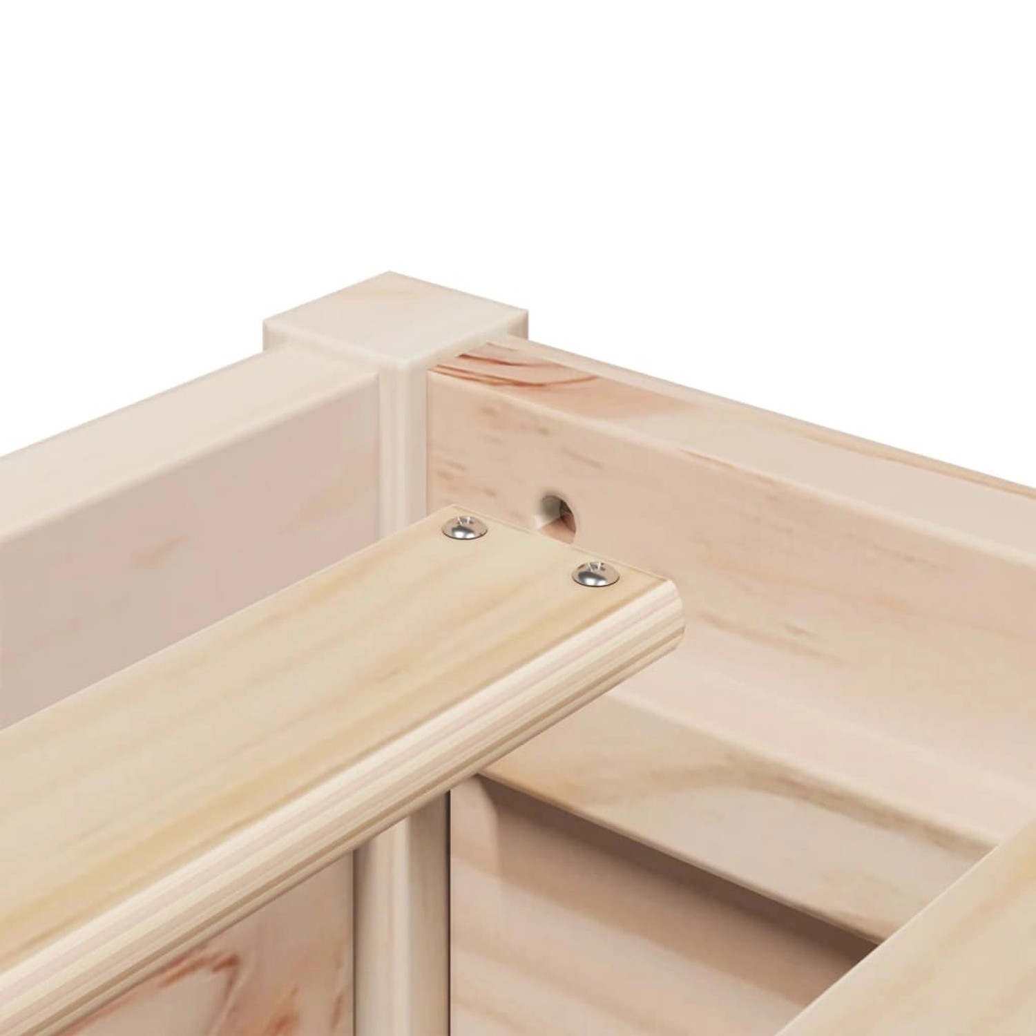 Detailansicht Kiefer Bett mit Matratze, Holzstruktur und Schrauben.