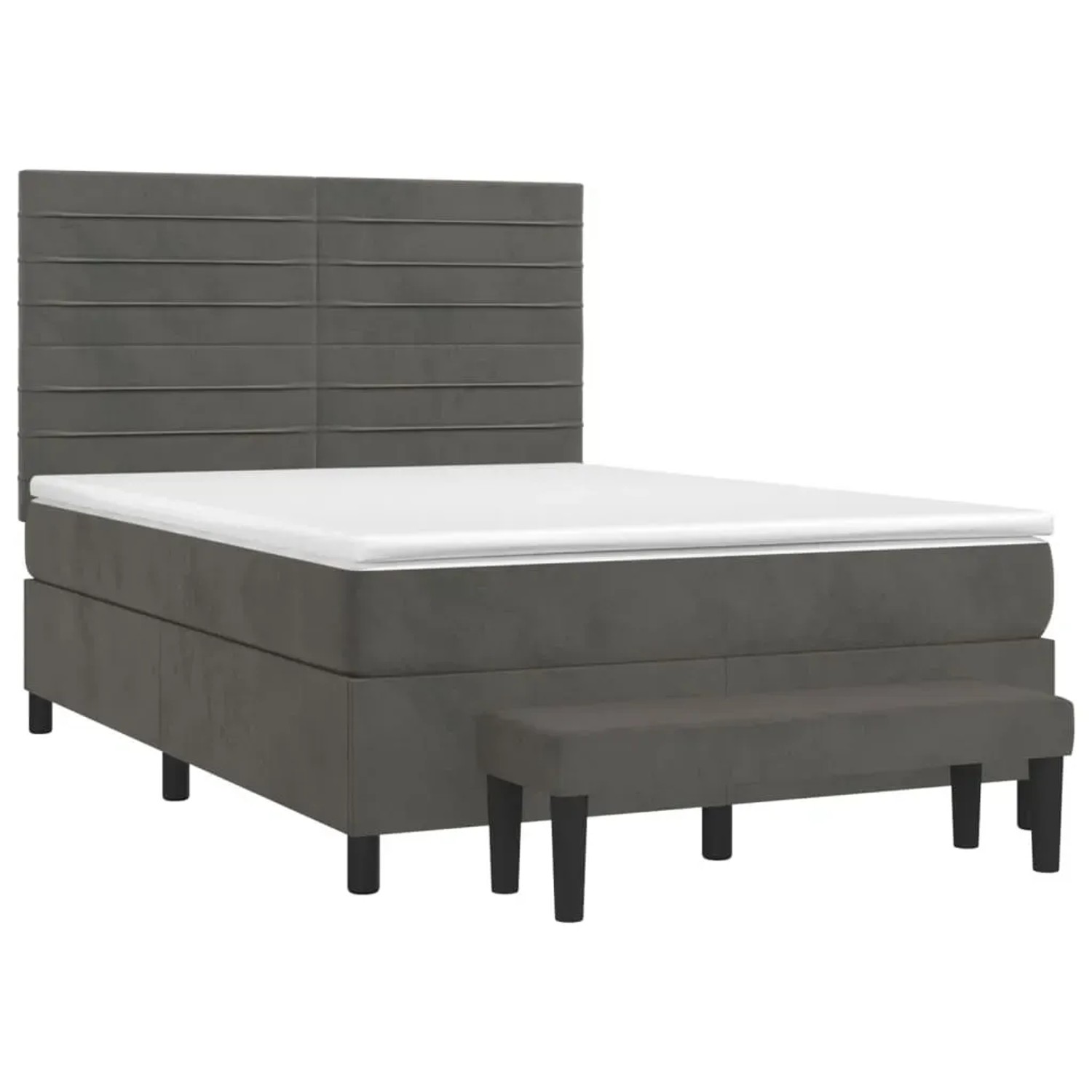 Dunkelgraues vidaXL Boxspringbett (140x190 cm) mit Matratze, Auflage und Bank aus Samt.