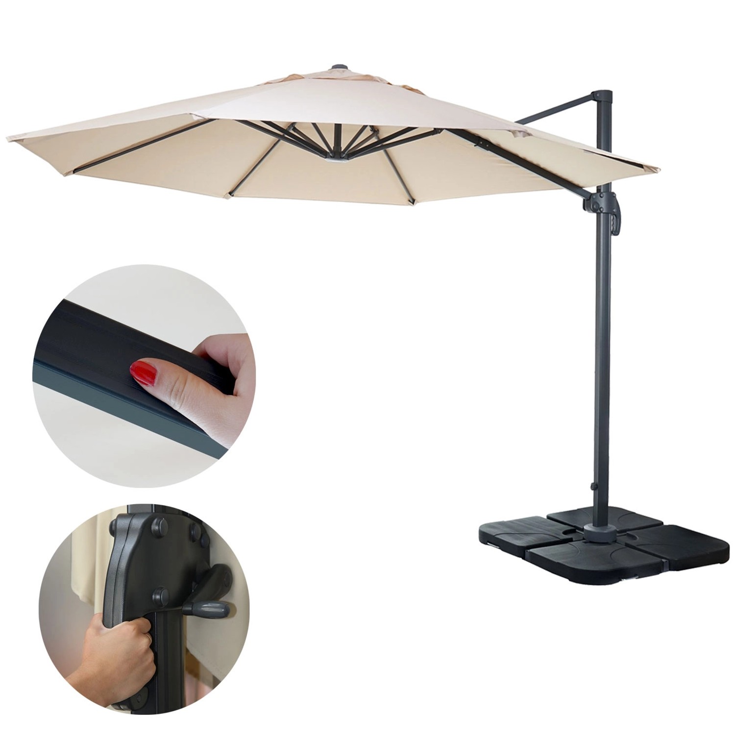 MCW Ampelschirm A96, Ø 3m, Creme, mit Stahlständer. Höhenverstellbarer, wetterfester Gartenschirm.