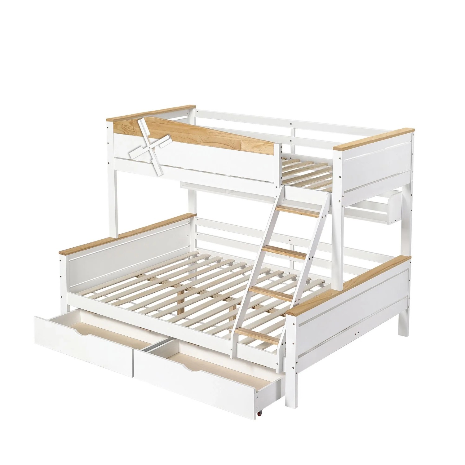 okwish Etagenbett 140x200cm mit Windmühle Kinderzimmer Weiß Natur ohne Matratze