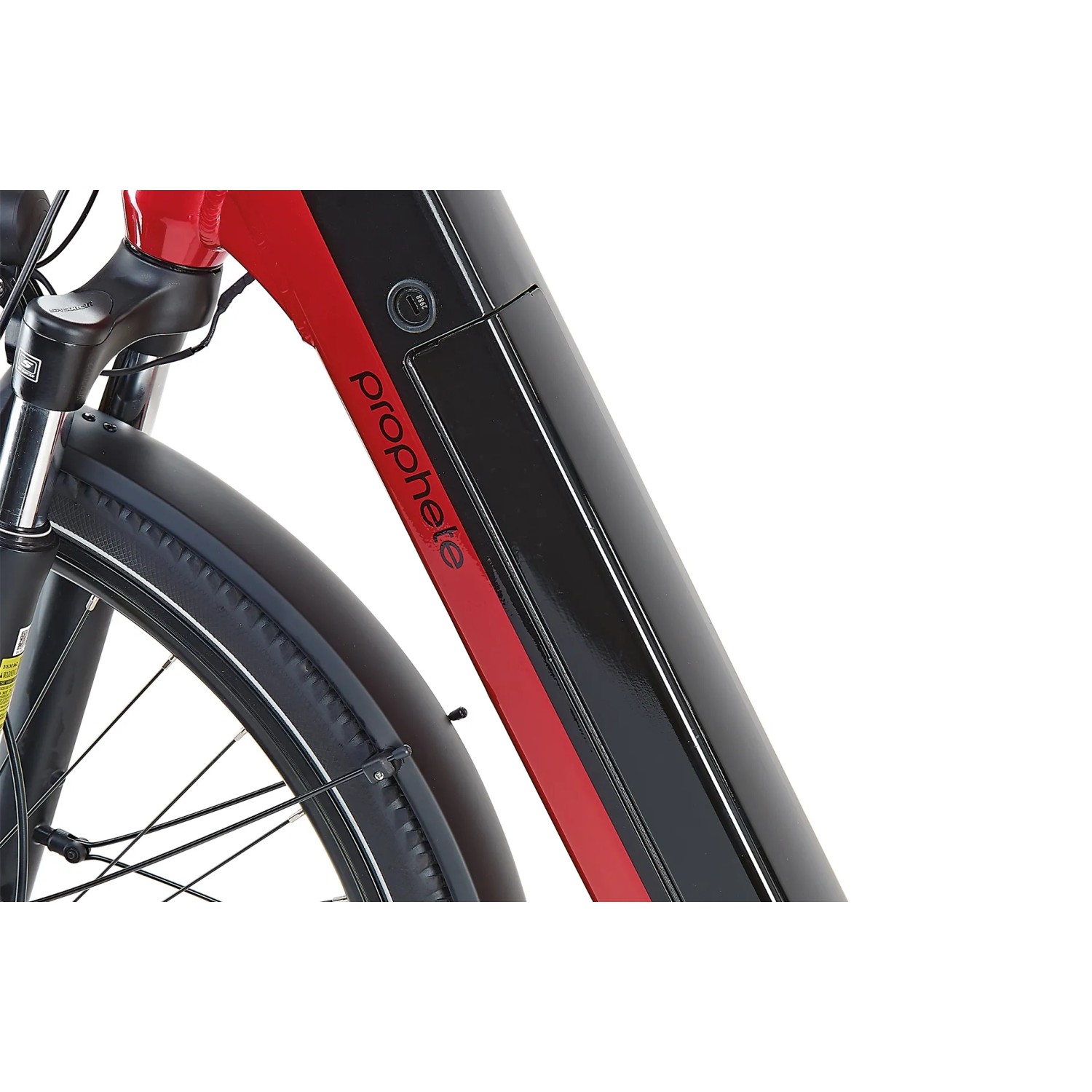 Detailaufnahme: Prophete City E-Bike Geniesser 5.0, Damenrad in Schwarz-Rot mit Mittelmotor.
