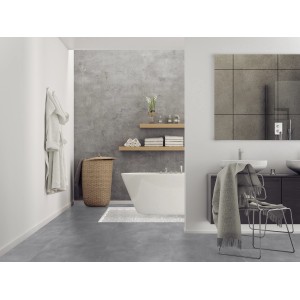 Modernes Bad mit grauem Gerflor Vinylboden Senso Dry Back Beton Spirit Pearl in Steinoptik.