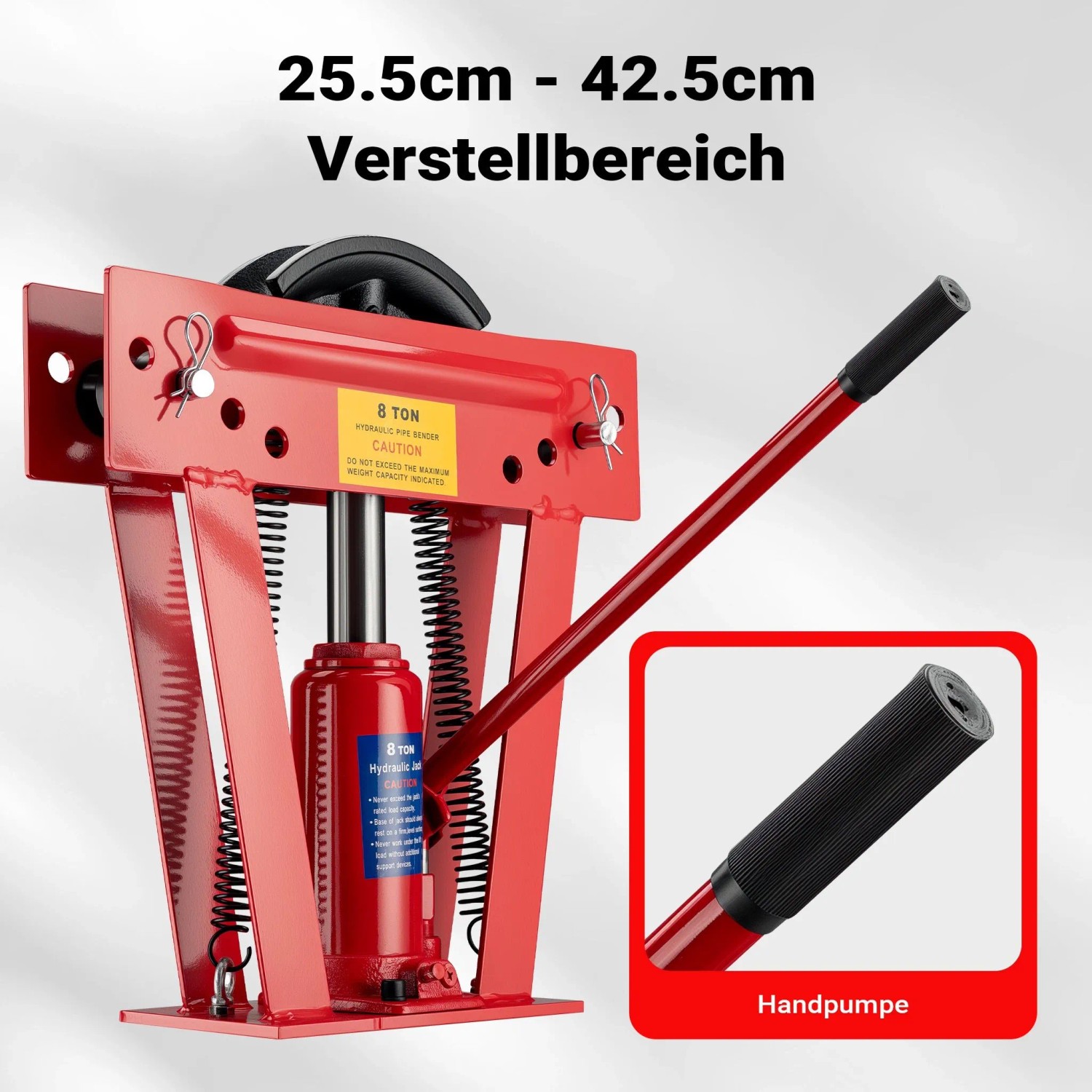 Rote hydraulische Rohrbiegemaschine 8T mit Handpumpe und 25.5-42.5cm Verstellbereich für präzise Rohrbearbeitung.