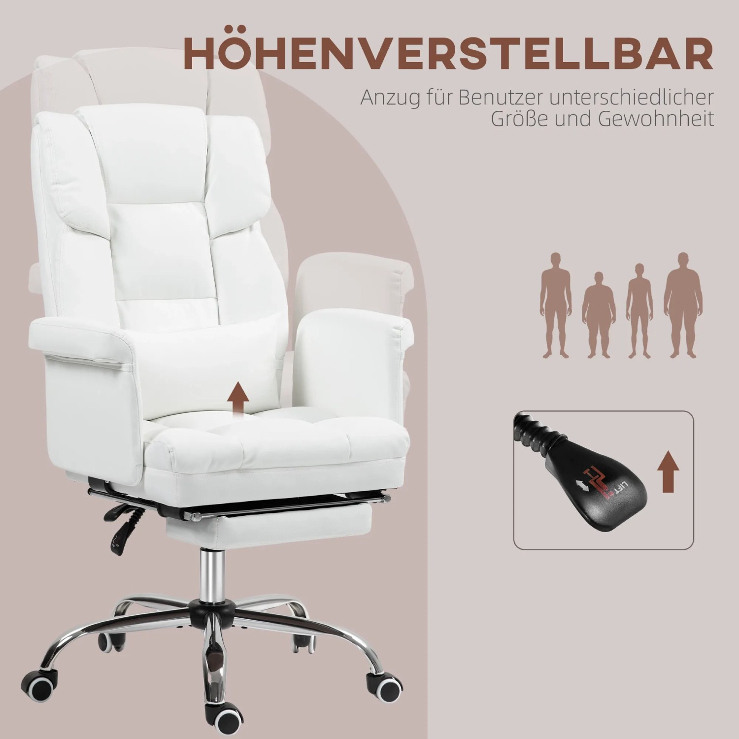 Weißer HOMCOM Bürostuhl mit Liegefunktion, Kunstleder, höhenverstellbar und mit Fußstütze.