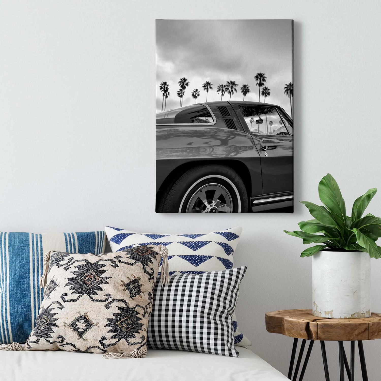 Bricoflor Schwarz Weiß Bild Auf Leinwand Wohnzimmer Und Schlafzimmer Bild Mit Oldtimer Und Palmen Hollywood Wandbild Im 