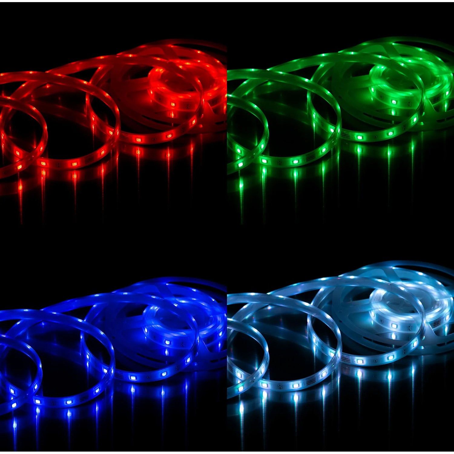 Flexibles 3 m LED-Band für Außen mit Farbwechsel in Rot, Grün, Blau und Weiß.