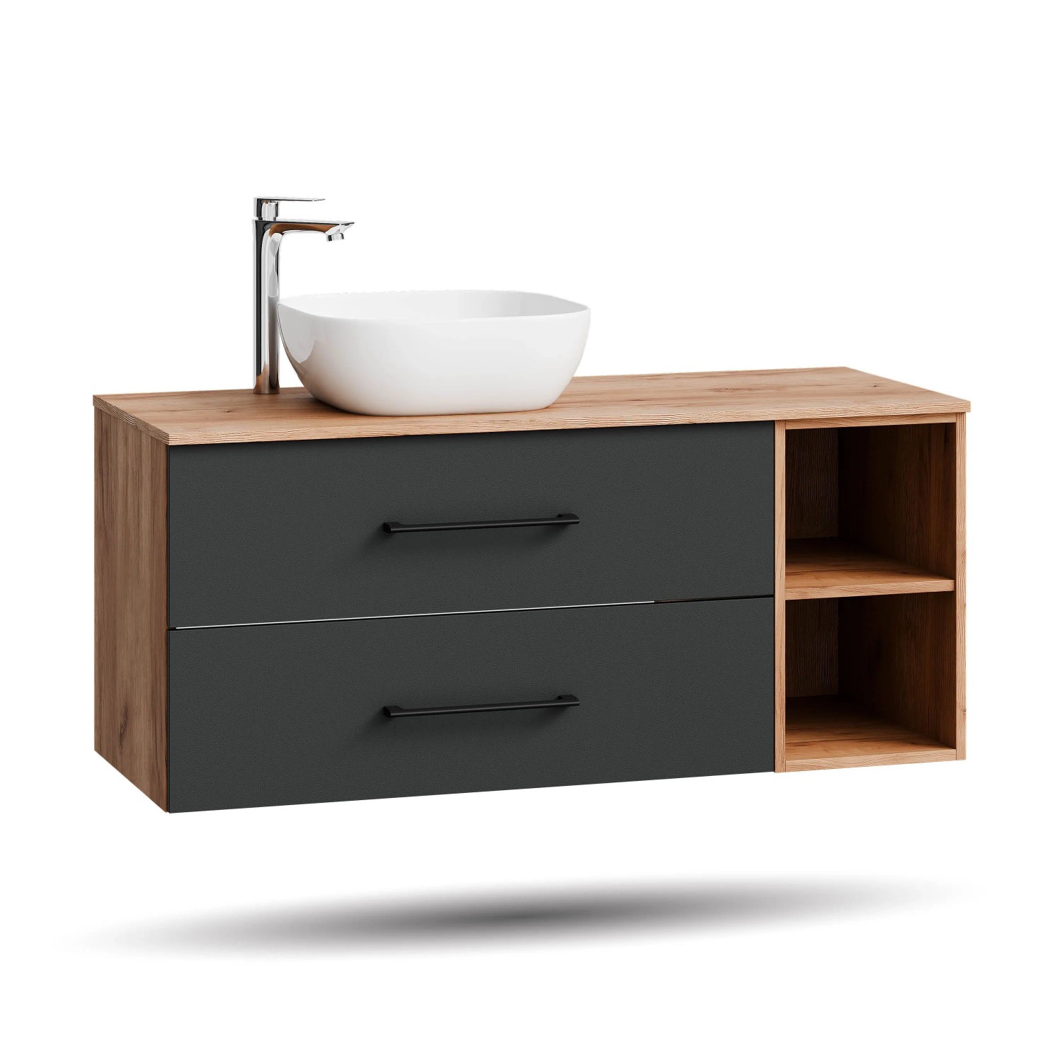 Planetmöbel LUX Waschtischunterschrank 120 cm mit Aufsatzwaschbecken 42,5 cm Weiß Soft Close