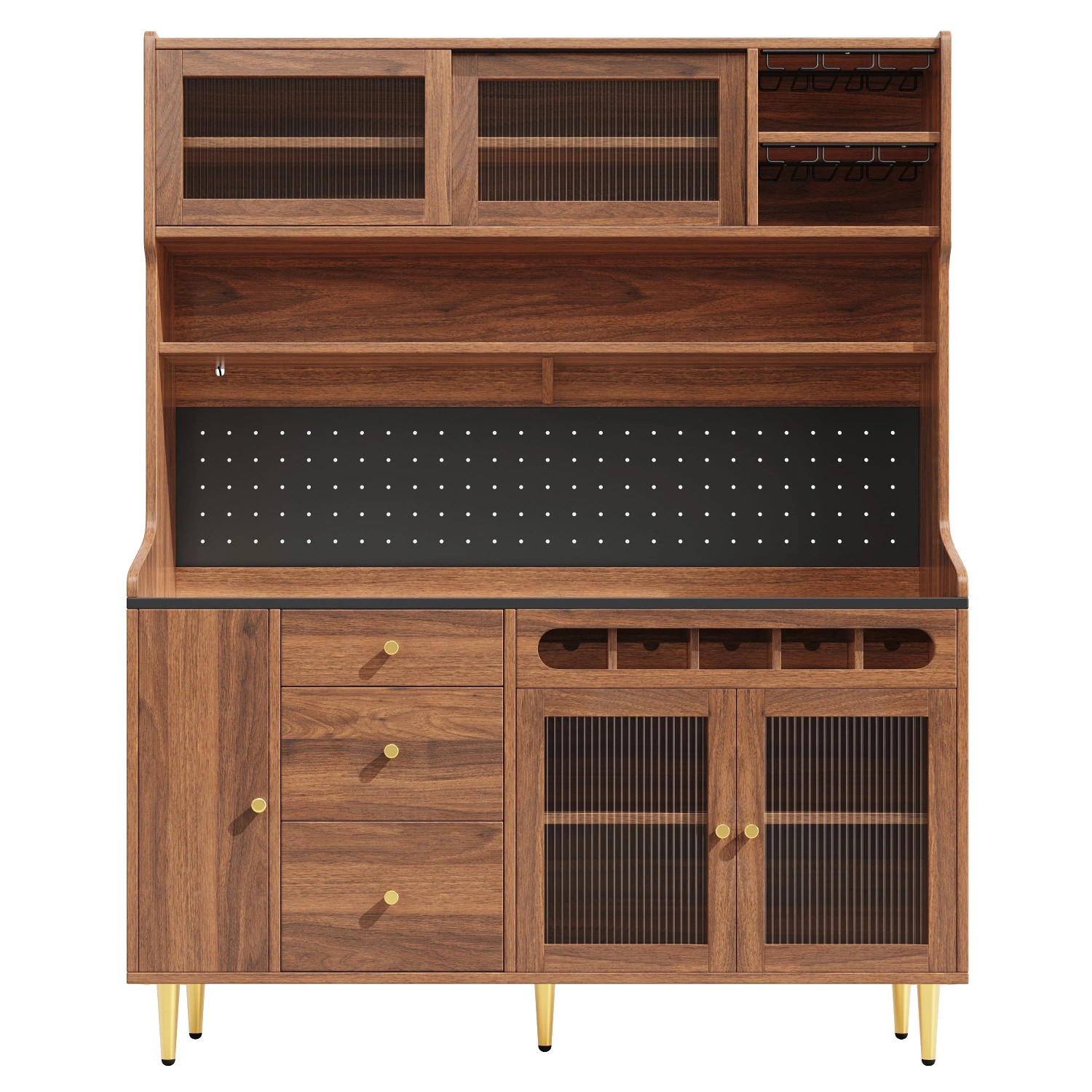 okwish Hochschrank mit LED Licht Weinregal Schublade Wohnzimmer 145x39x171cm Braun