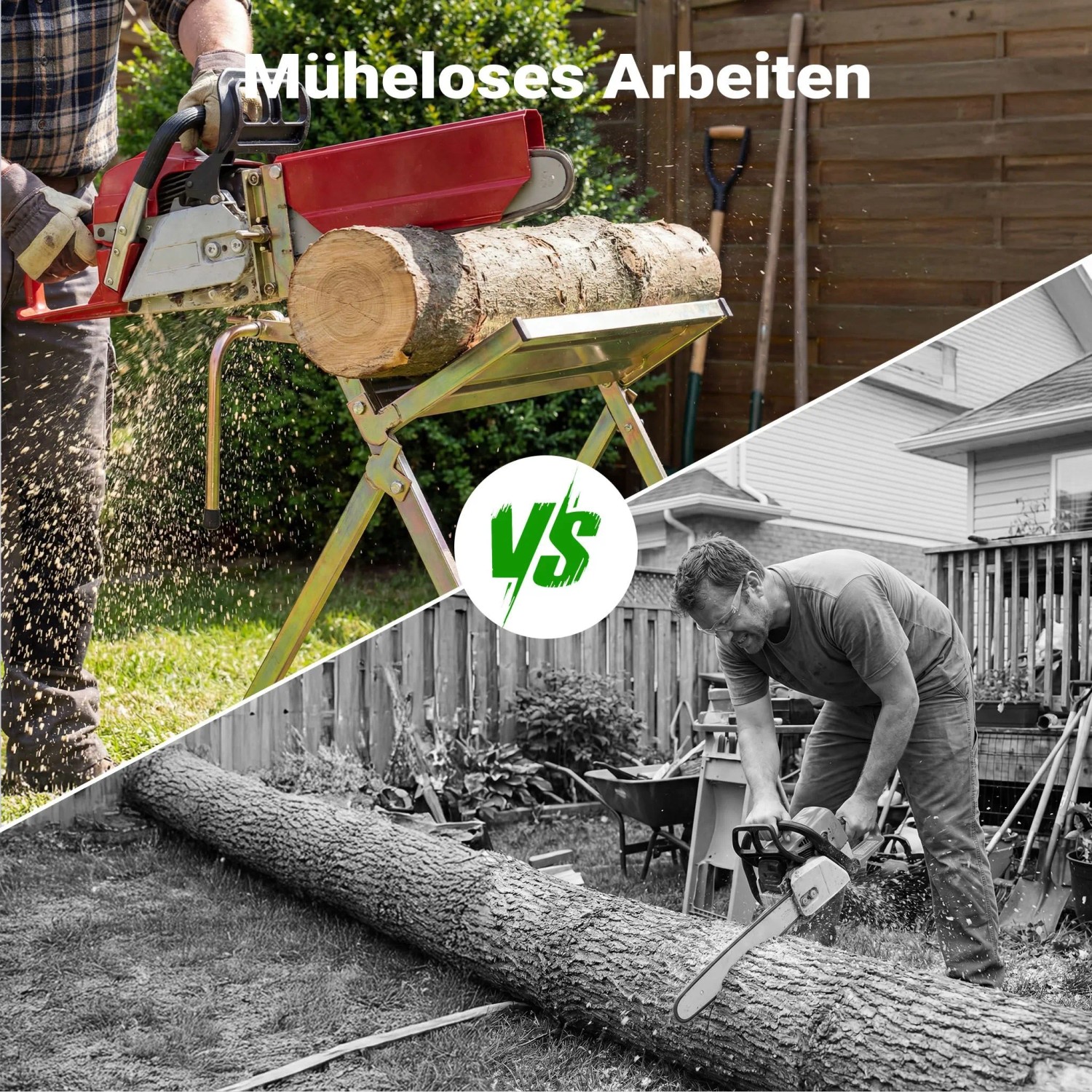 Wiltec Sägebock mit Kettensägenhalter: müheloses Holzsägen auf Arbeitsbock vs. mühsames Sägen am Boden.