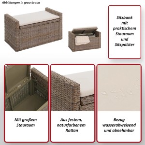 MCW Sitzbank Genua aus Rattan in Grau-Braun mit Staufach und Sitzkissen.