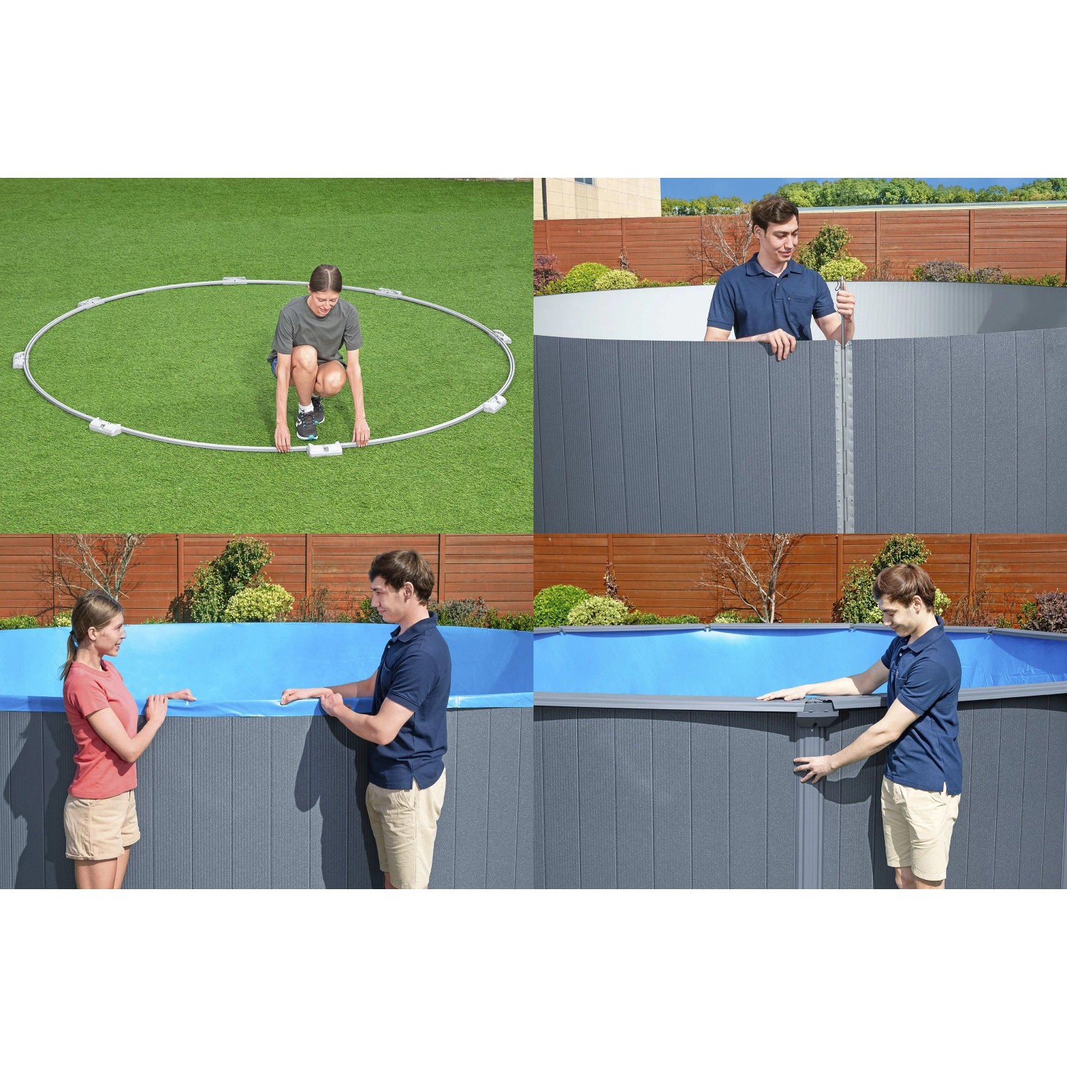 Aufbau des Bestway Hydrium Stahlwandpool-Sets in Holzoptik, mit Sandfilteranlage, Ø 549x132cm.