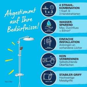 Grohe QuickFix Duschsystem Vitalio 310 mit Kopf- und Handbrause, Thermostatbatterie und Montage-Hinweisen.