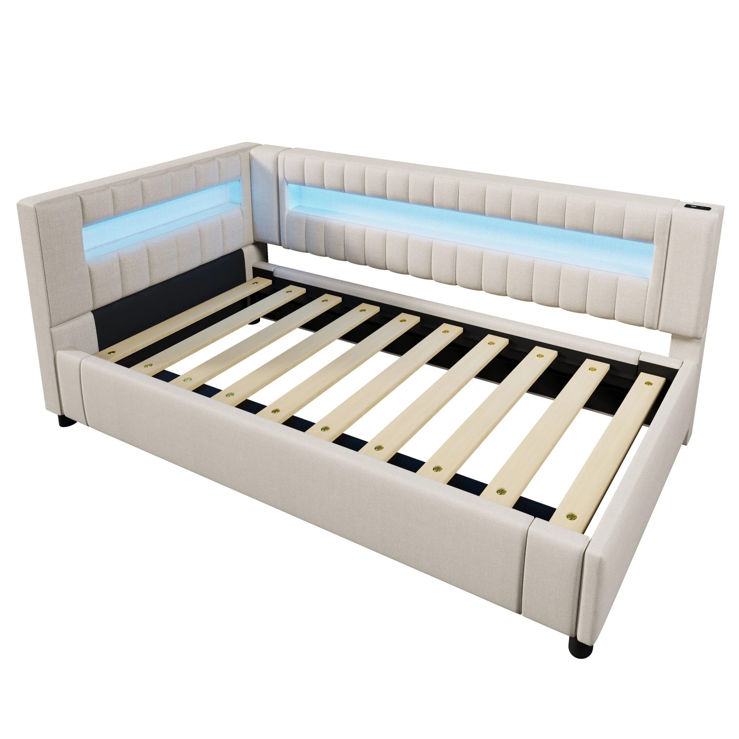 Merax Tagesbett 90x200 cm Mit LED Hydraulischem Stauraum USB Typ C Leinen Beige
