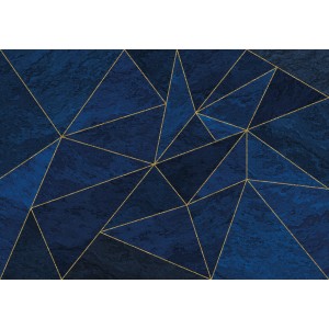 Komar Fototapete Vlies La Mer: Abstraktes Design mit blauen Dreiecken und goldenen Linien.