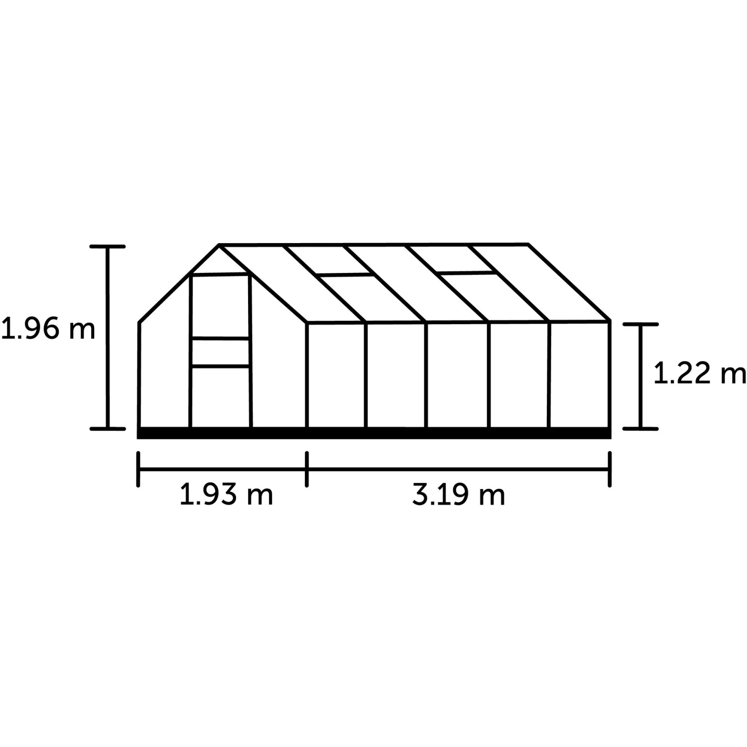 Skizze des Halls Gewächshaus Popular 106 schwarz, 6,2 m² mit Maßangaben.