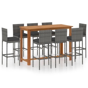 vidaXL 9-tlg. Gartenbar-Set mit grauem Rattan und Akazienholz-Tisch. Gartenmöbel-Set mit 8 Barhockern.