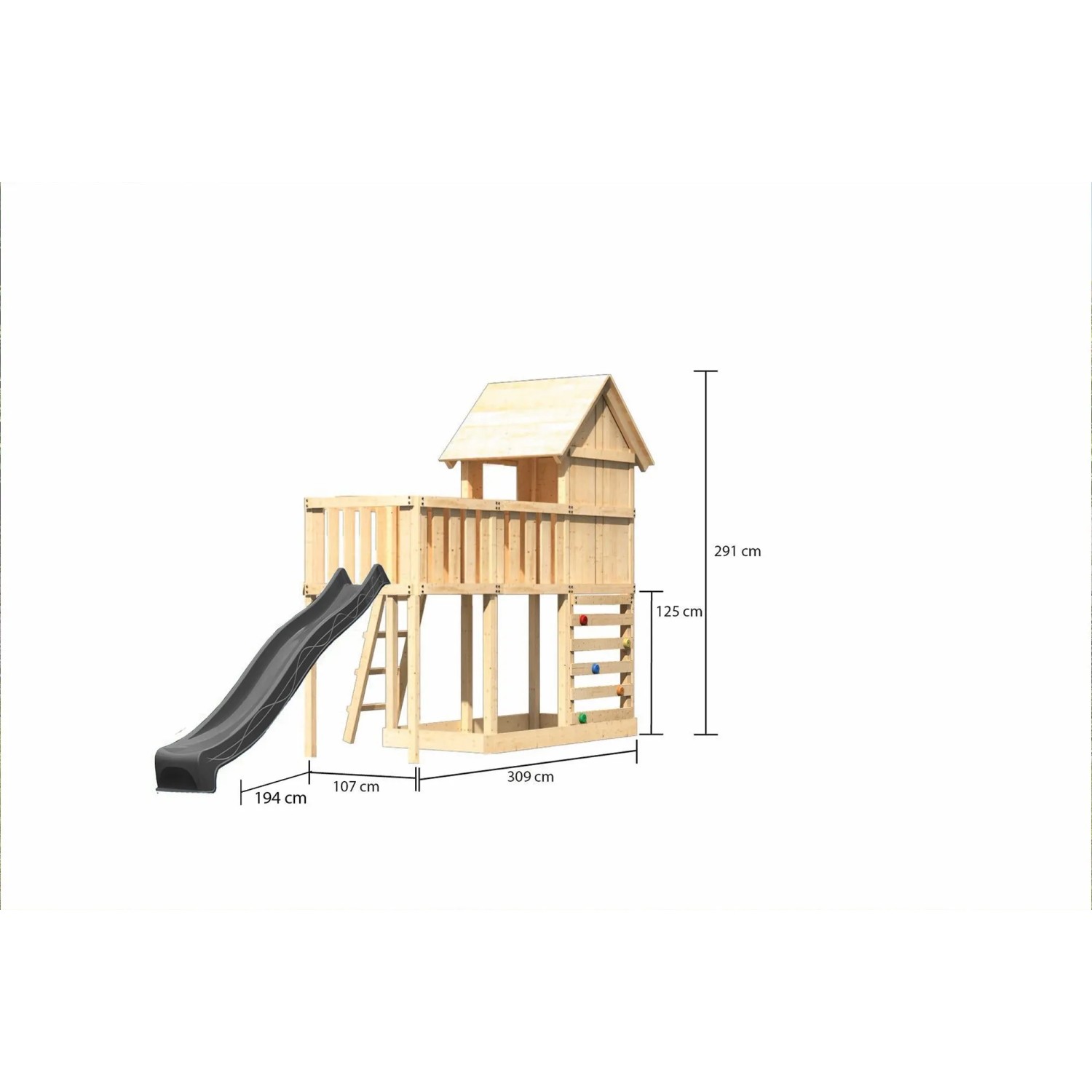 Karibu Spielhaus Frieda mit Rutsche, Anbauplattform und Kletterwand aus Holz.