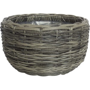 Braungraue Pflanzschale (Ø 35cm) in gewebter Polyrattan-Optik für Balkon und Garten.