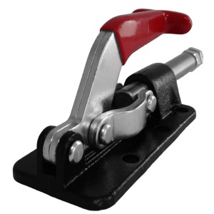 SOTECH Kniehebelspanner mit rotem Griff, verzinktem Stahl und schwarzer Basis. Fixiert präzise bis 1136 kg.