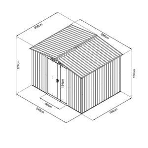 Skizze des Home Deluxe Geräteschuppens Bohio XL in Anthrazit mit Maßangaben.