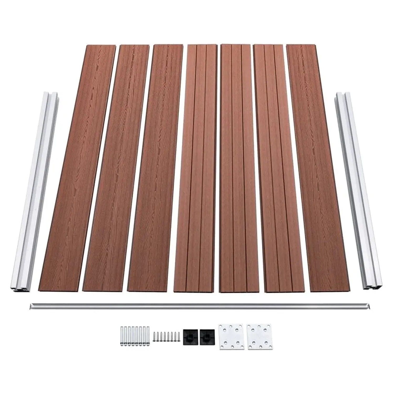 Braunes WPC Zaunelement Set mit Holzmaserung, Aluminiumprofilen und Montagezubehör für Sichtschutzzaun.
