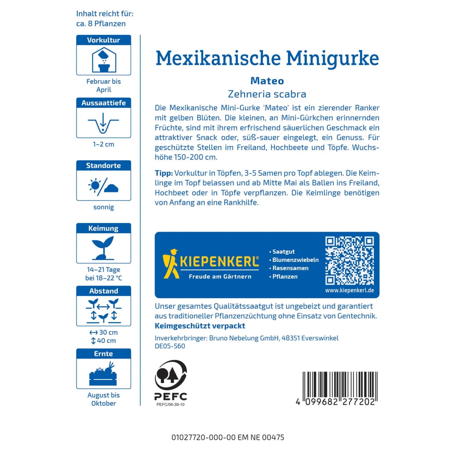Kiepenkerl Mexikanische Minigurke Mateo Samenpackung, knackige Snackgurke für Garten und Balkon.