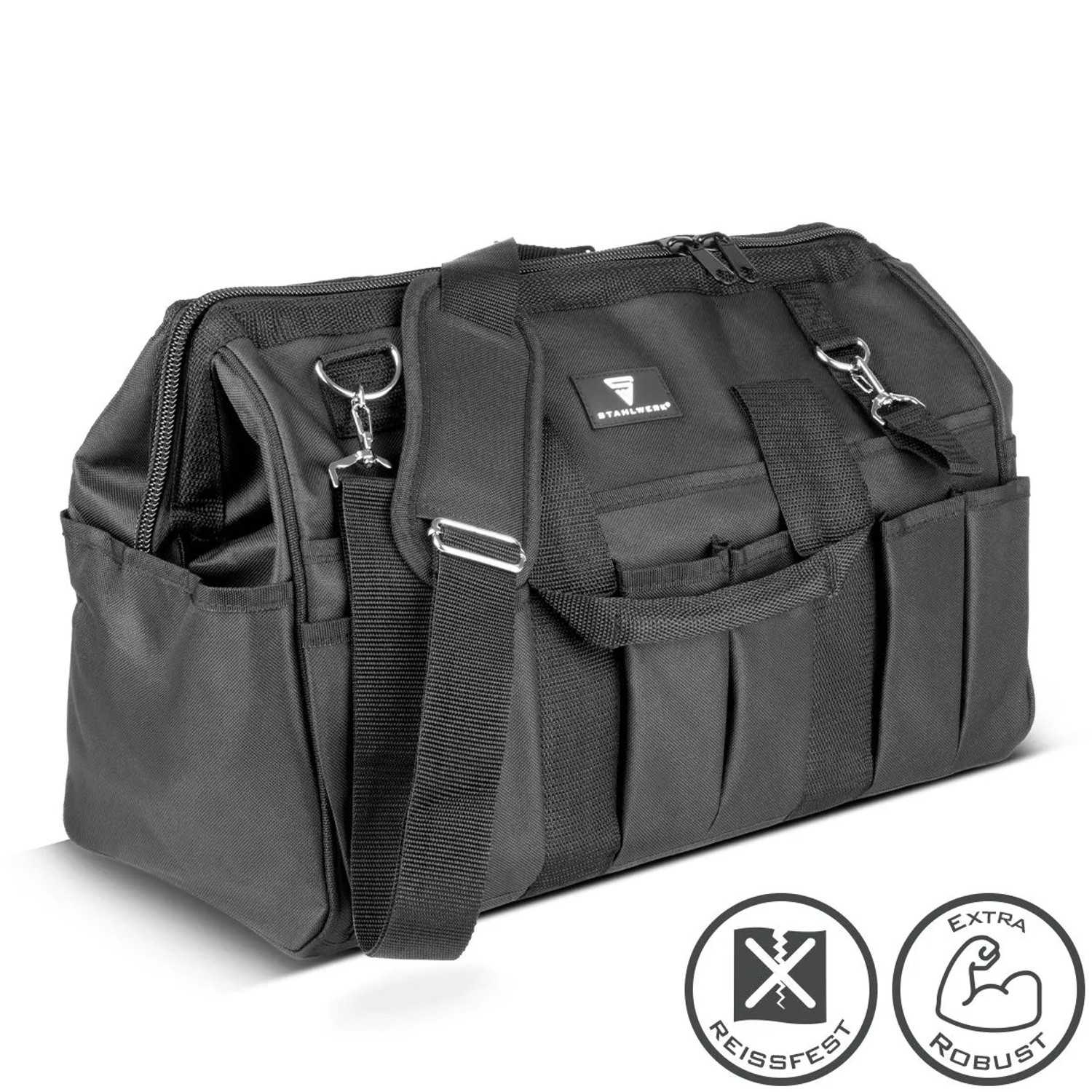 Schwarze STAHLWERK Werkzeugtasche XL mit vielen Fächern und Tragegurt.