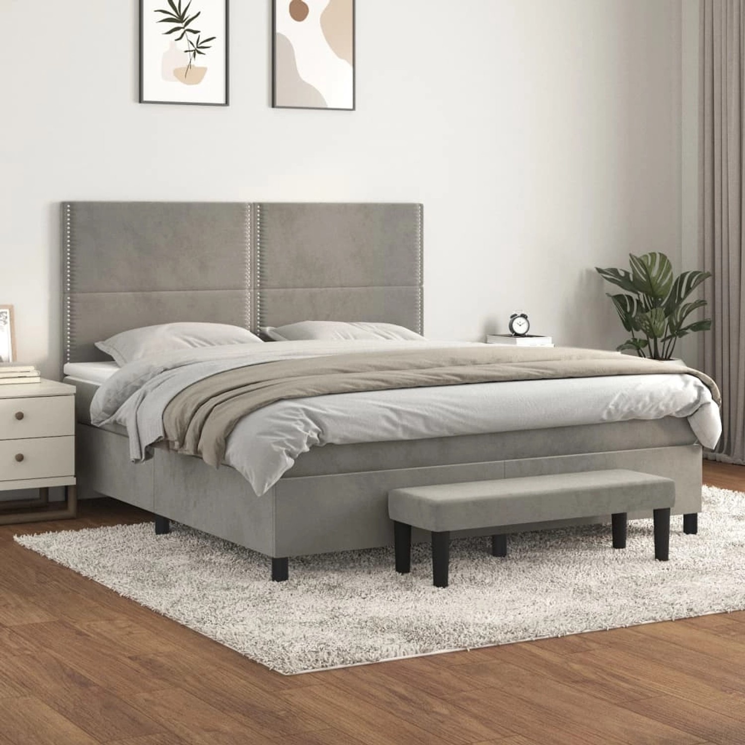 Hellgraues vidaXL Boxspringbett mit Matratze, Samtbezug und Bank. Komfortables Bett mit hohem Kopfteil.