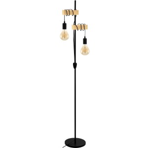 Eglo Stehleuchte Townshend, 2-flammig, schwarz-braun, Design-Stehlampe mit Holzelementen.