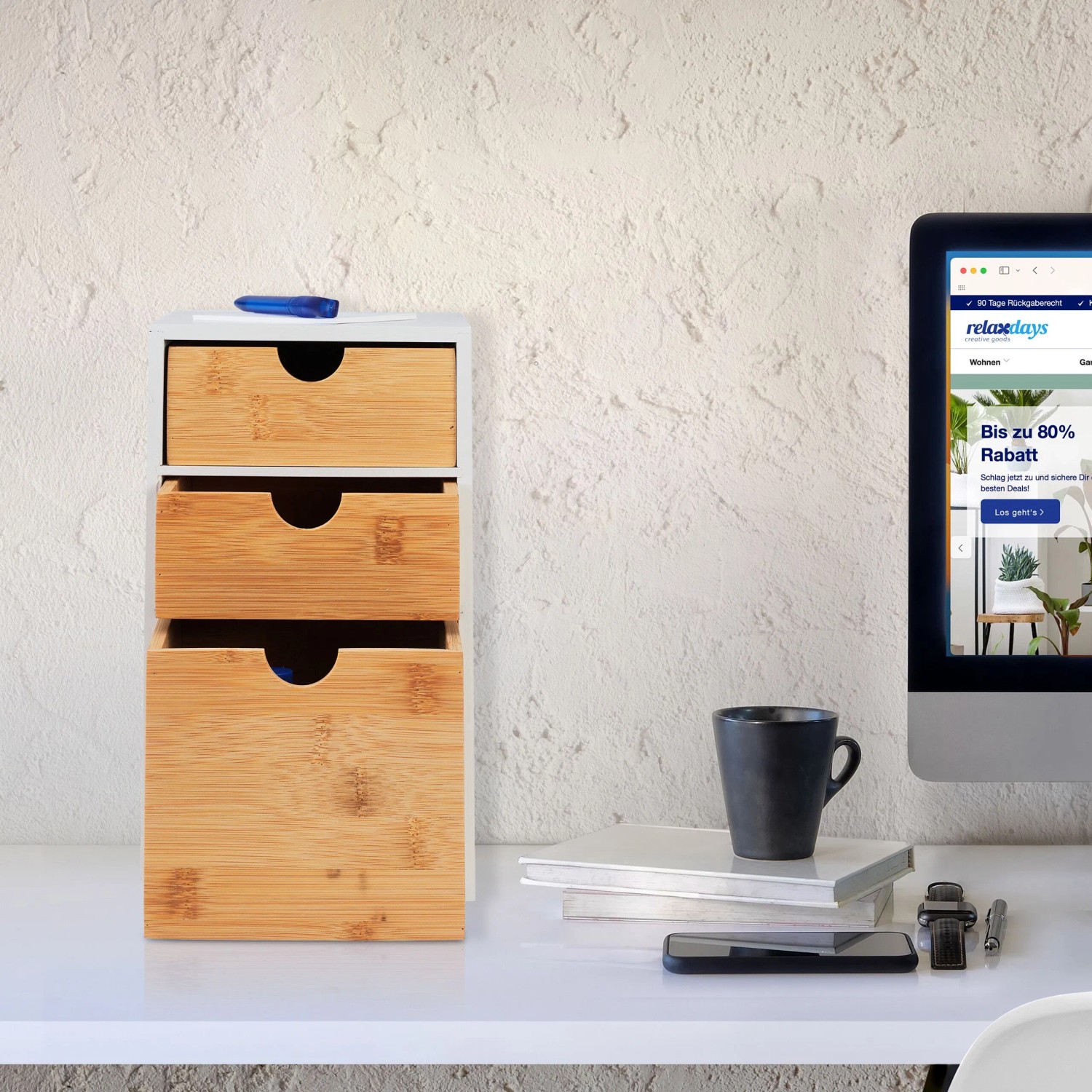 Relaxdays Schubladenbox Bambus MDF Weiß Mit 3 Schubladen 28 cm x 17 cm x 21,5 cm 2,3 kg_2