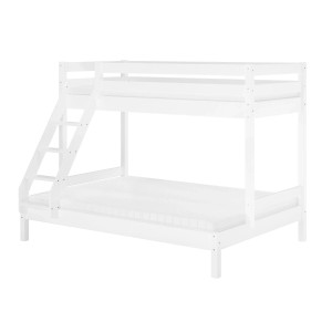 Weißes Doppel-Etagenbett aus Kiefernholz, 90x200 und 140x200 cm, mit Leiter und Rollrost.